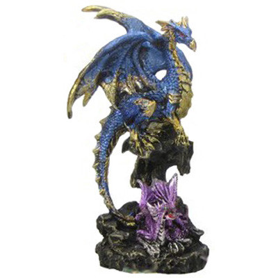 Dragon bleu sur rocher avec son petit / Dragons Colorés