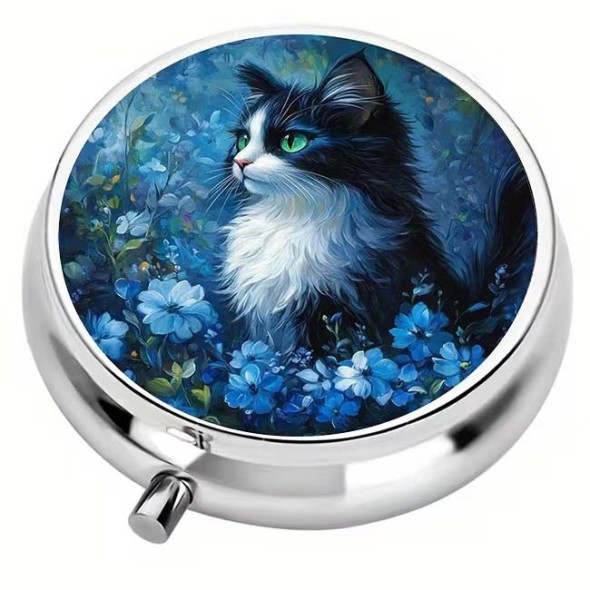 Boite &agrave; Pilules Chat "Blue Flowers Cat" / Accessoires Chats