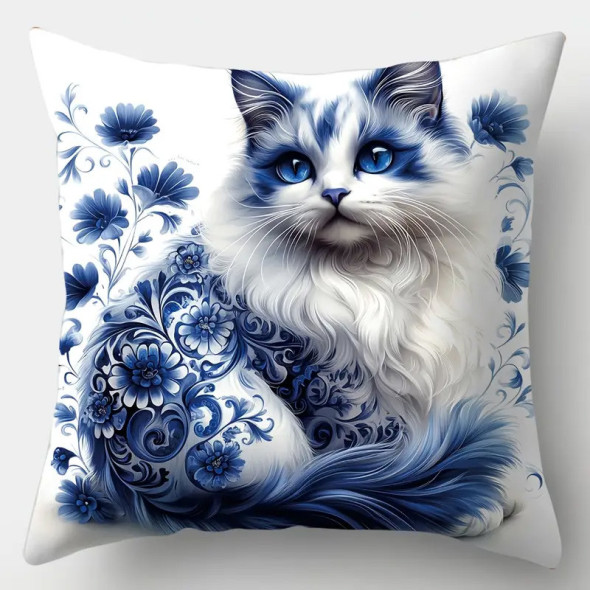 Coussin Chat "Blue Flower Cat #3" Satiné / Nouveautés