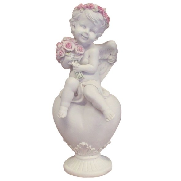 Ange sur cœur avec bouquet de roses / Statuettes Anges