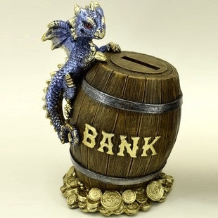 Tirelire Dragon bleu avec tonneau / Statuettes Dragons
