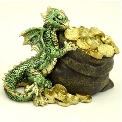 Dragon vert avec sac de pièces d'or / Statuettes Dragons