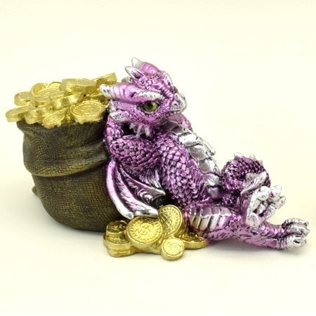 Dragon violet avec sac de pièces d'or / Dragons Colorés