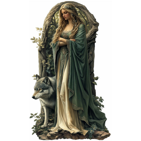 Grande plaque métal relief "Elfe et loup" / Décorations Murales Féeriques